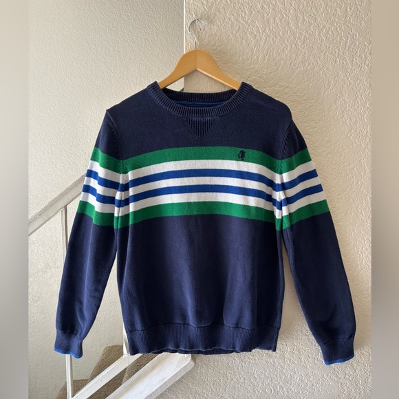 Stafford Prep Crewneck Knit Sweater Mens Medium 100% Cotton Striped Blue Green - Picture 1 of 14